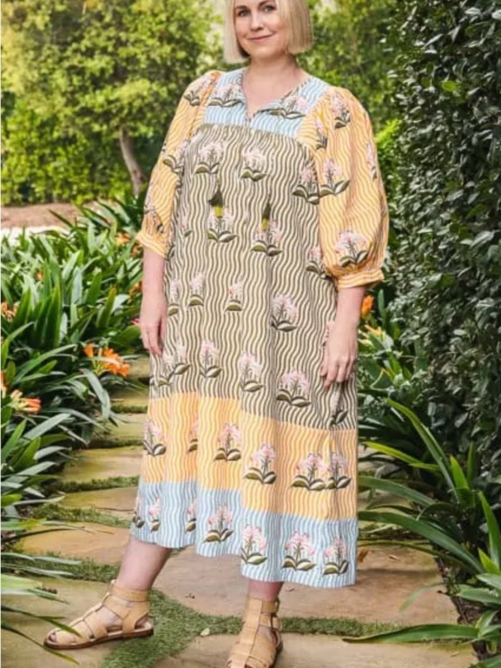 Printfresh Yellow and Blue Floral Panel Midi Dress